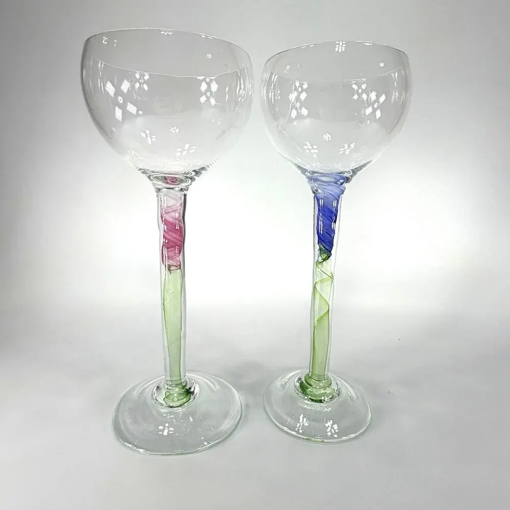 Set 2 Chris Baker Salmon Art Glass Wine Glass Pink Blue Swirl Signed 8.5